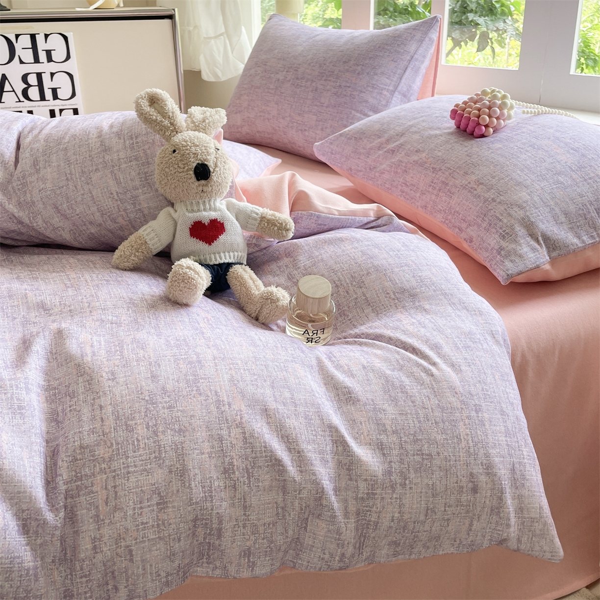 91家纺网 家纺一手货源 找家纺 本制 2025秋冬新款全棉混纺磨毛印花四件套 霞光（紫）-杨妃粉