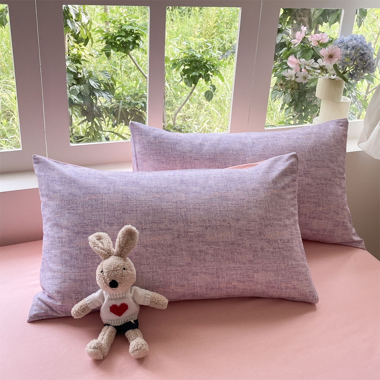 91家纺网 家纺一手货源 找家纺 本制 2025秋冬新款全棉混纺磨毛印花四件套 霞光（紫）-杨妃粉