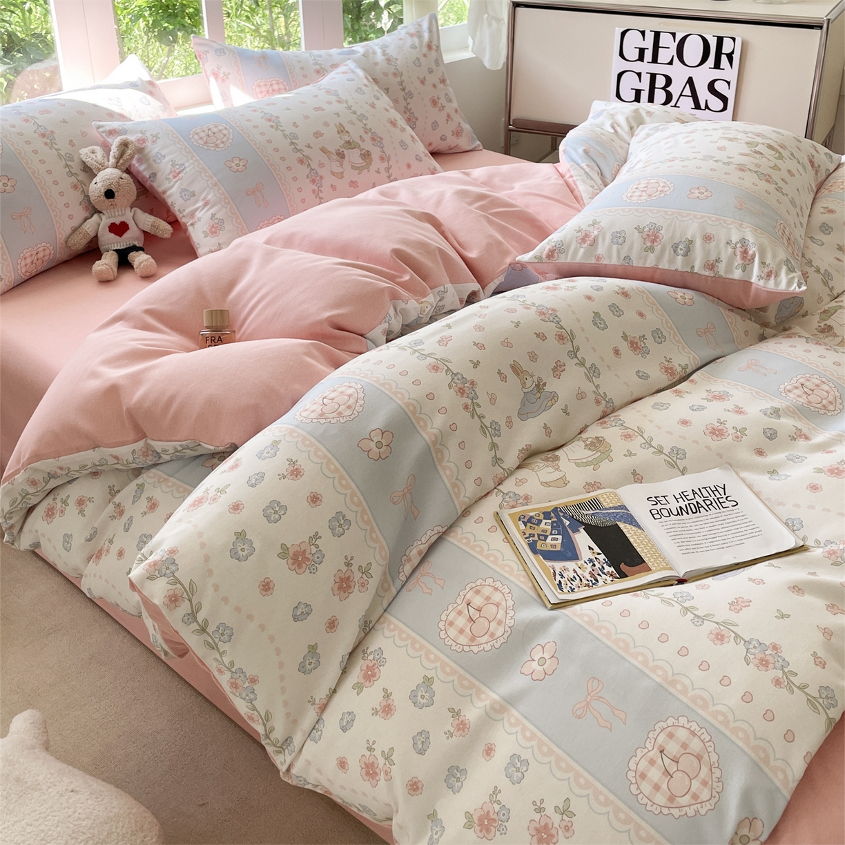 91家纺网 家纺一手货源 找家纺 本制 2025秋冬新款全棉混纺磨毛印花四件套 夏梦花园-杨妃粉