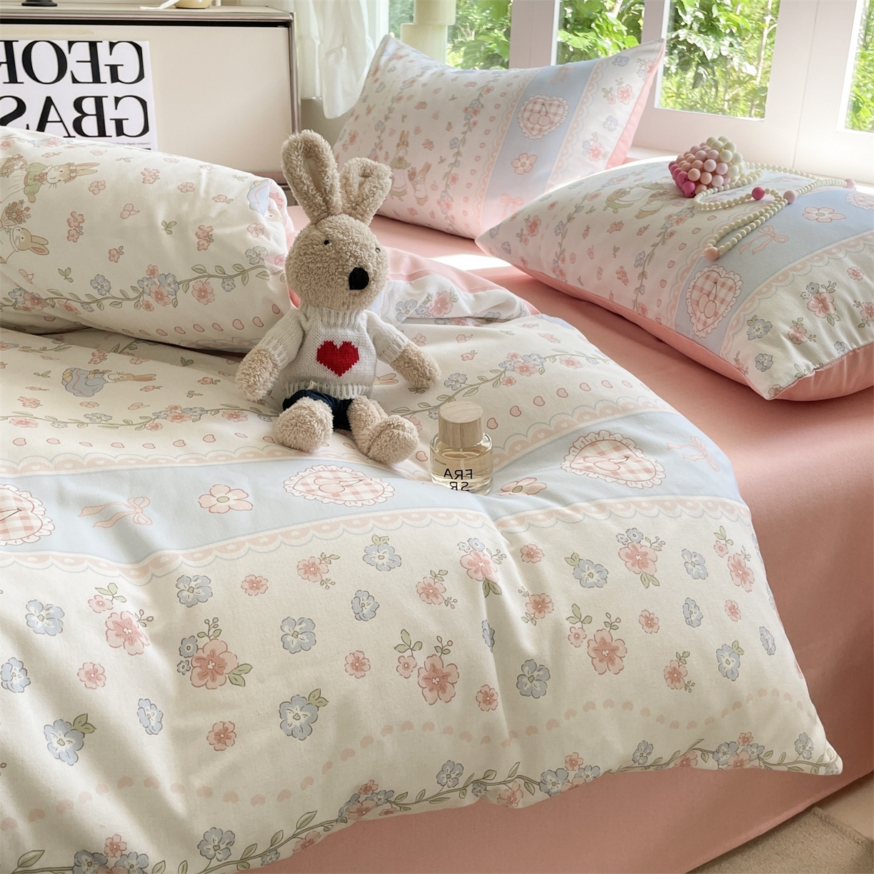 91家纺网 家纺一手货源 找家纺 本制 2025秋冬新款全棉混纺磨毛印花四件套 夏梦花园-杨妃粉