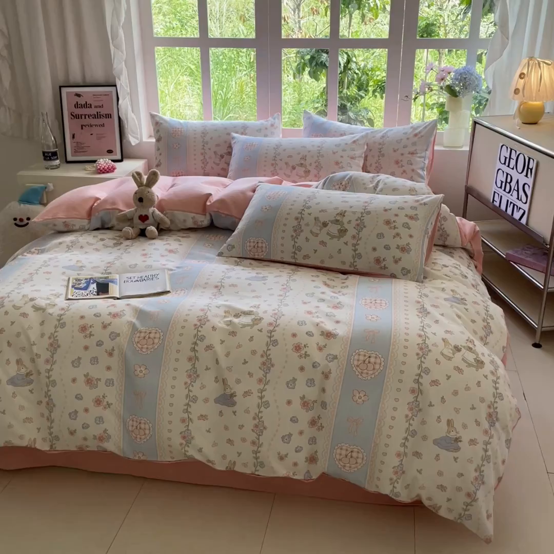 91家纺网 家纺一手货源 找家纺 本制 2025秋冬新款全棉混纺磨毛印花四件套 夏梦花园-杨妃粉