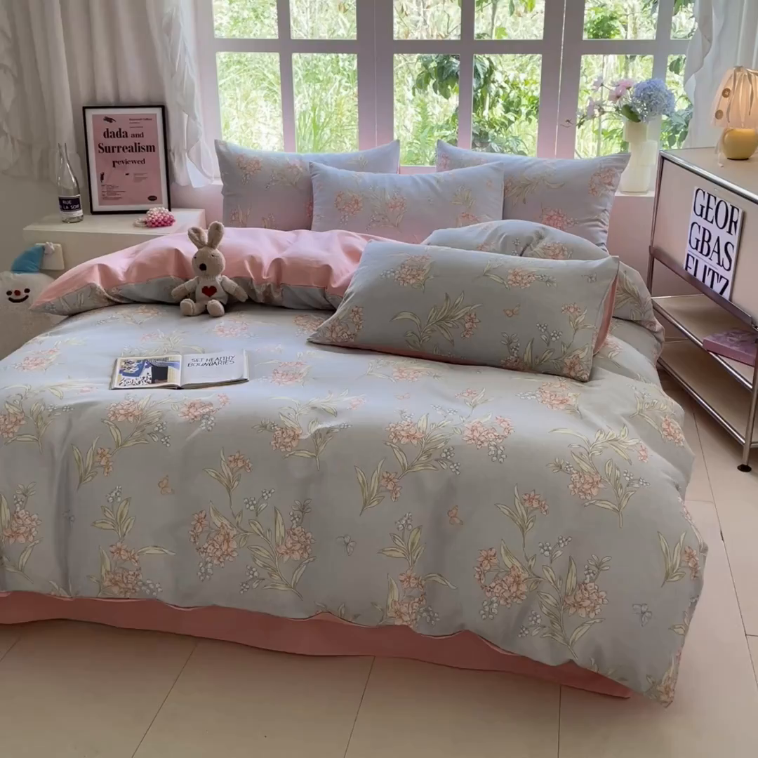 91家纺网 家纺一手货源 找家纺 本制 2025秋冬新款全棉混纺磨毛印花四件套 遥香-杨妃粉