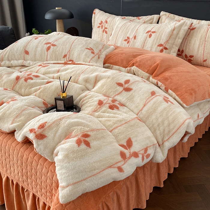 美伦美焕 2025新款直播热款高克重兔毛绒床盖款四件套 暖桔