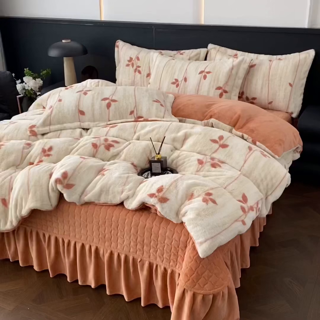 91家纺网 家纺一手货源 找家纺 美伦美焕 2025新款直播热款高克重兔毛绒床盖款四件套 暖桔