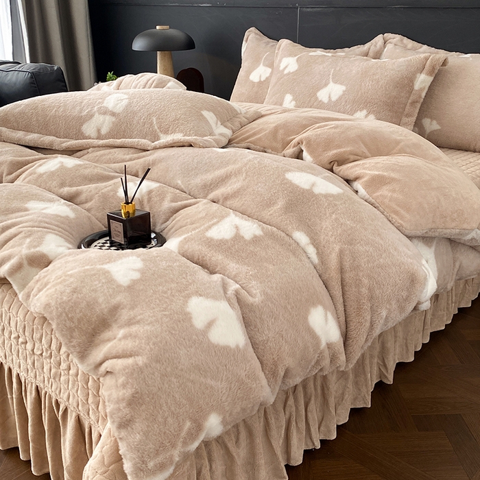 美伦美焕 2025新款直播热款高克重兔毛绒床盖款四件套 暖驼