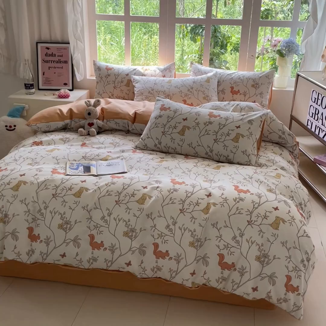 91家纺网 家纺一手货源 找家纺 本制 2025秋冬新款全棉混纺磨毛印花四件套 织秋-蜜橙