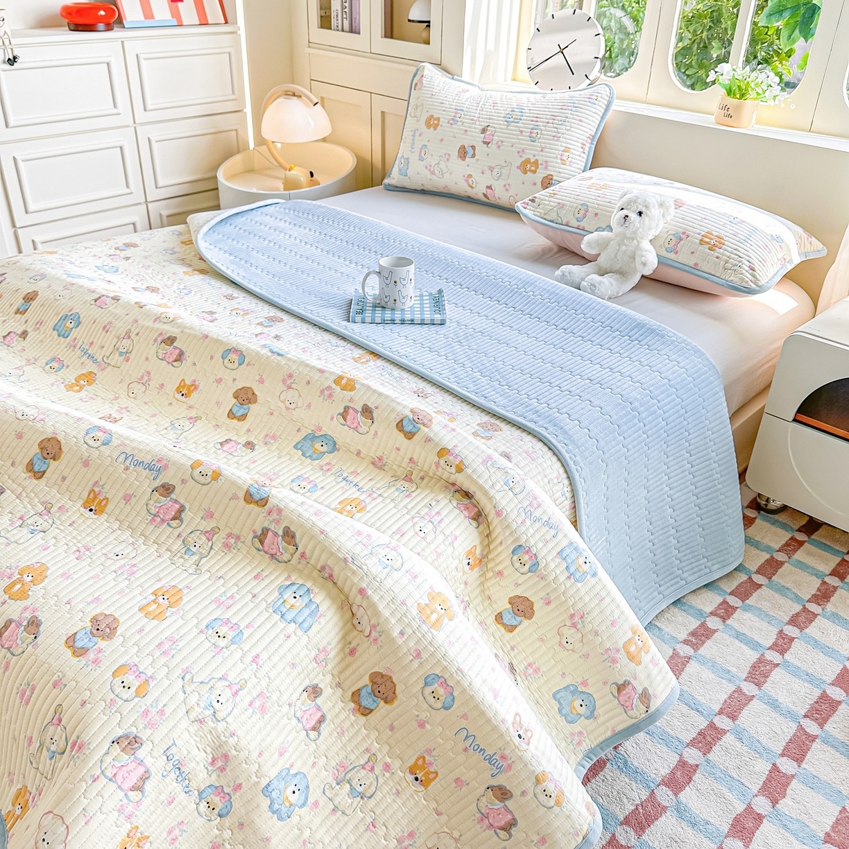 91家纺网 家纺一手货源 找家纺 橘夏家纺 2025新款A全棉B宝宝绒版双面多功能夹棉加厚床盖炕盖三件套学生婴儿床垫盖毯褥子四季通用（含买家秀） 狗狗家族