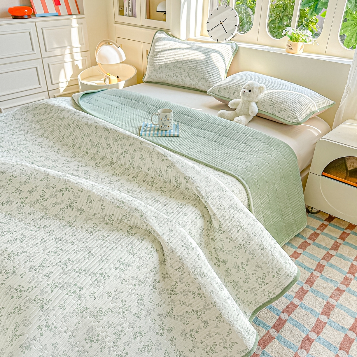 91家纺网 家纺一手货源 找家纺 橘夏家纺 2025新款A全棉B宝宝绒版双面多功能夹棉加厚床盖炕盖三件套学生婴儿床垫盖毯褥子四季通用（含买家秀） 春风里绿