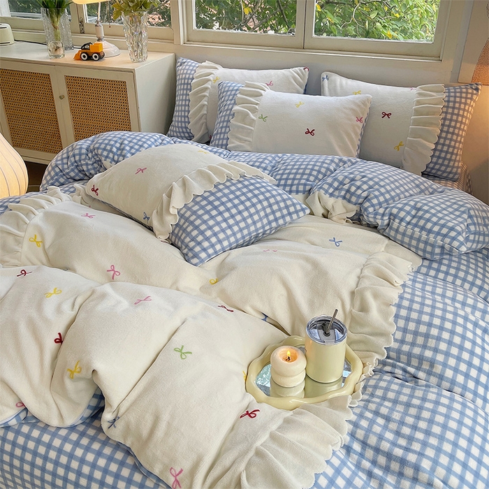 91家纺网 家纺一手货源 找家纺 （总）炫拼家纺 2025新款亲肤舒适韩版高克重牛奶绒花边四件套-奶盐