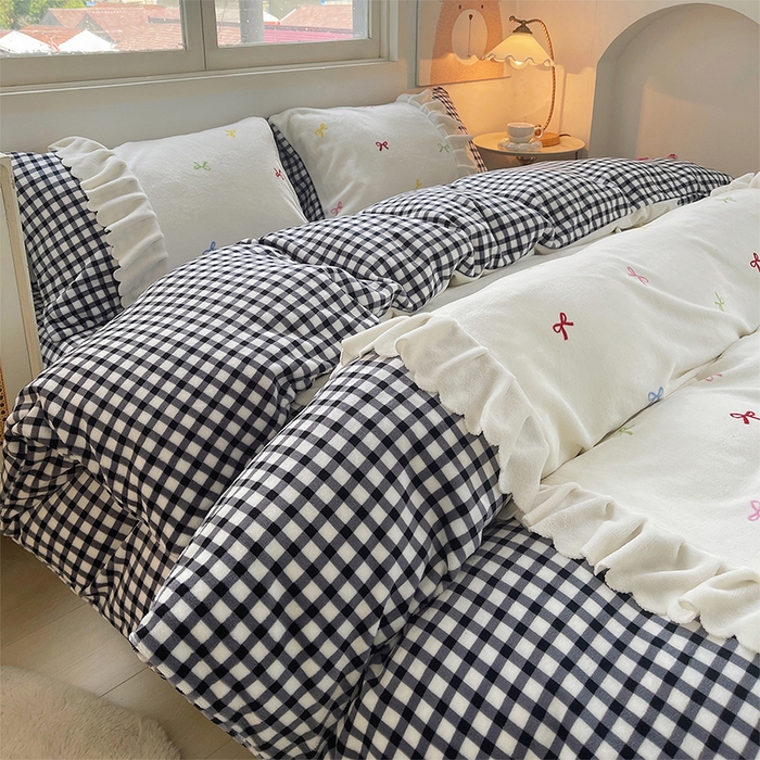 91家纺网 家纺一手货源 找家纺 （总）炫拼家纺 2025新款亲肤舒适韩版高克重牛奶绒花边四件套-奶盐