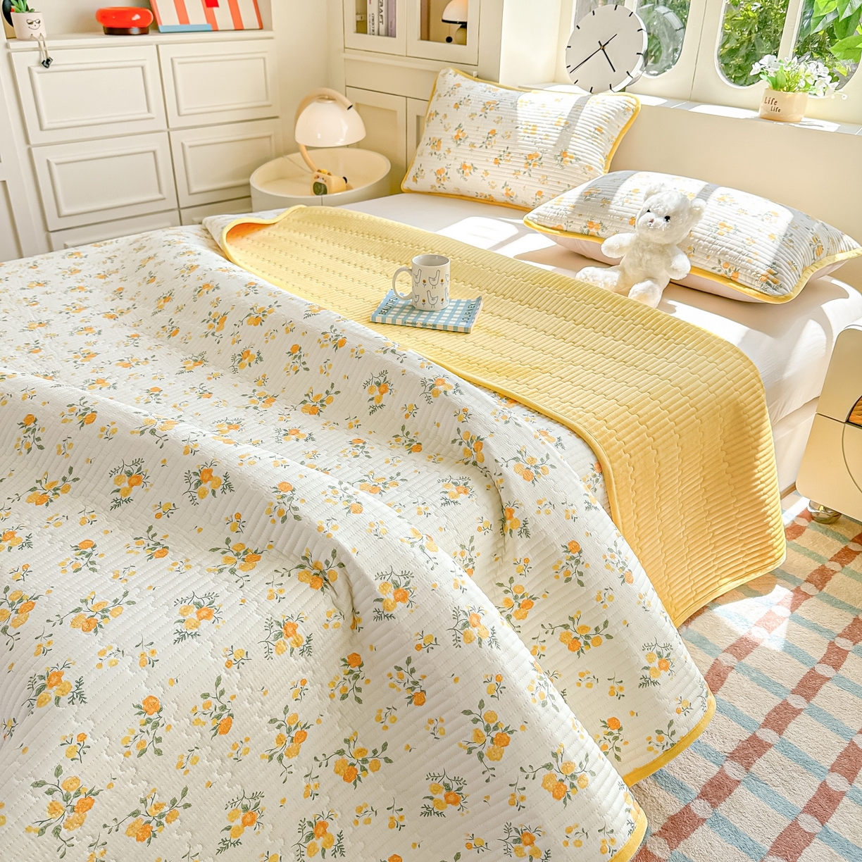 91家纺网 家纺一手货源 找家纺 橘夏家纺 2025新款A全棉B宝宝绒版双面多功能夹棉加厚床盖炕盖三件套学生婴儿床垫盖毯褥子四季通用（含买家秀） 冬日暖阳