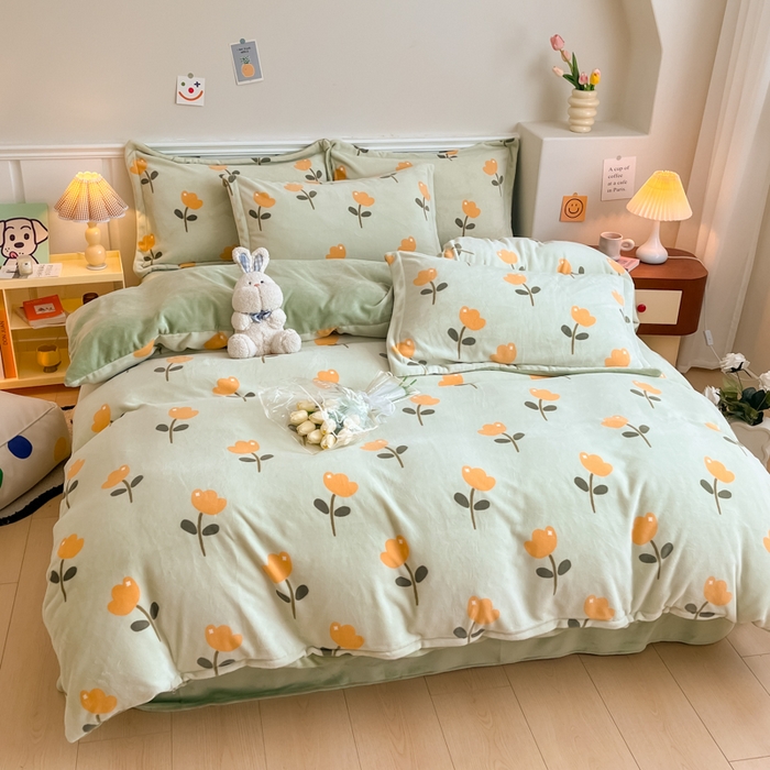 91家纺网 家纺一手货源 找家纺 金盛纺 2025新款高克重牛奶绒印花系列四件套(可定制) 花仙子