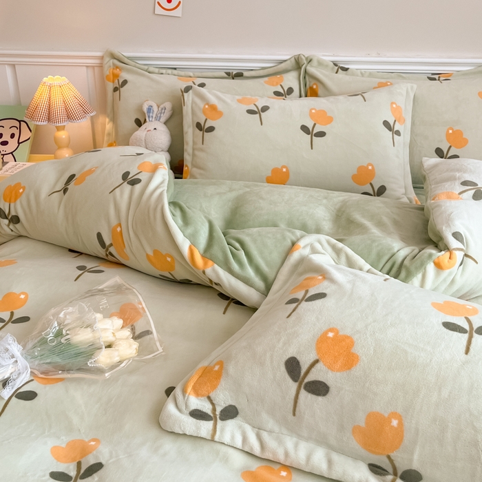 91家纺网 家纺一手货源 找家纺 金盛纺 2025新款高克重牛奶绒印花系列四件套(可定制) 花仙子