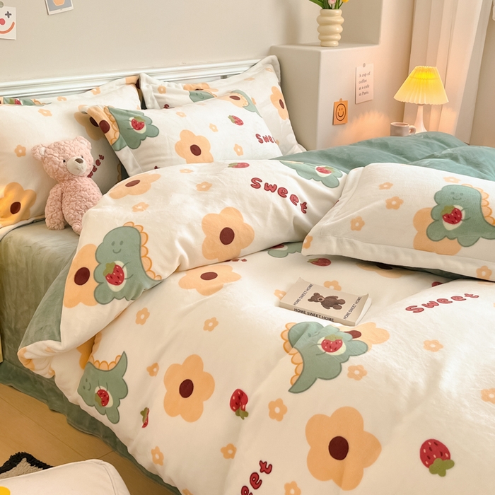 91家纺网 家纺一手货源 找家纺 金盛纺 2025新款高克重牛奶绒印花系列四件套(可定制) 萌萌哒