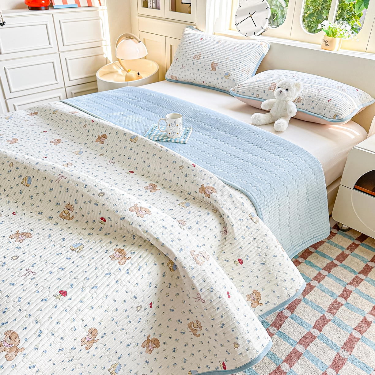 91家纺网 家纺一手货源 找家纺 橘夏家纺 2025新款A全棉B宝宝绒版双面多功能夹棉加厚床盖炕盖三件套学生婴儿床垫盖毯褥子四季通用（含买家秀） 蘑菇狗