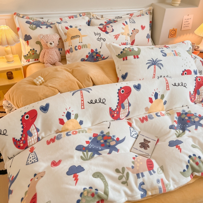 91家纺网 家纺一手货源 找家纺 金盛纺 2025新款高克重牛奶绒印花系列四件套(可定制) 侏罗纪