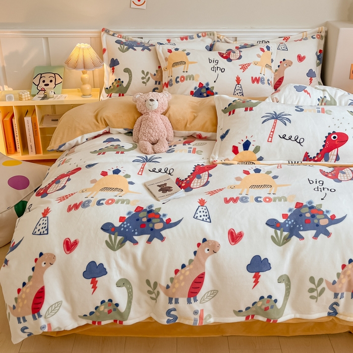 91家纺网 家纺一手货源 找家纺 金盛纺 2025新款高克重牛奶绒印花系列四件套(可定制) 侏罗纪