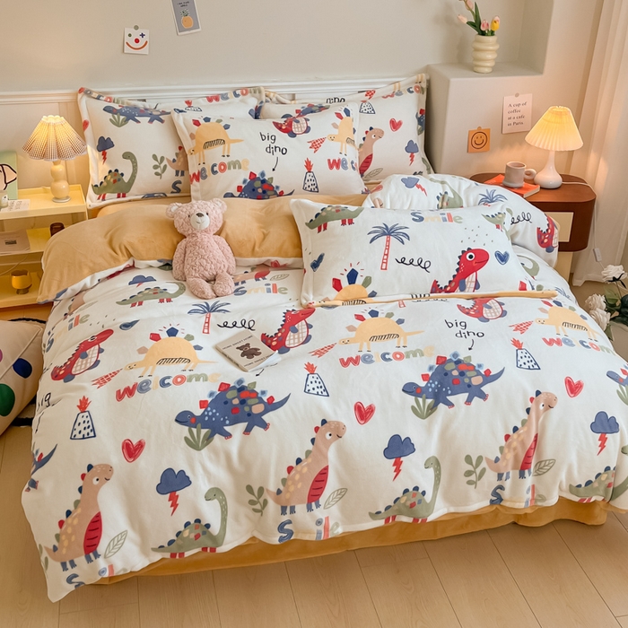 91家纺网 家纺一手货源 找家纺 金盛纺 2025新款高克重牛奶绒印花系列四件套(可定制) 侏罗纪