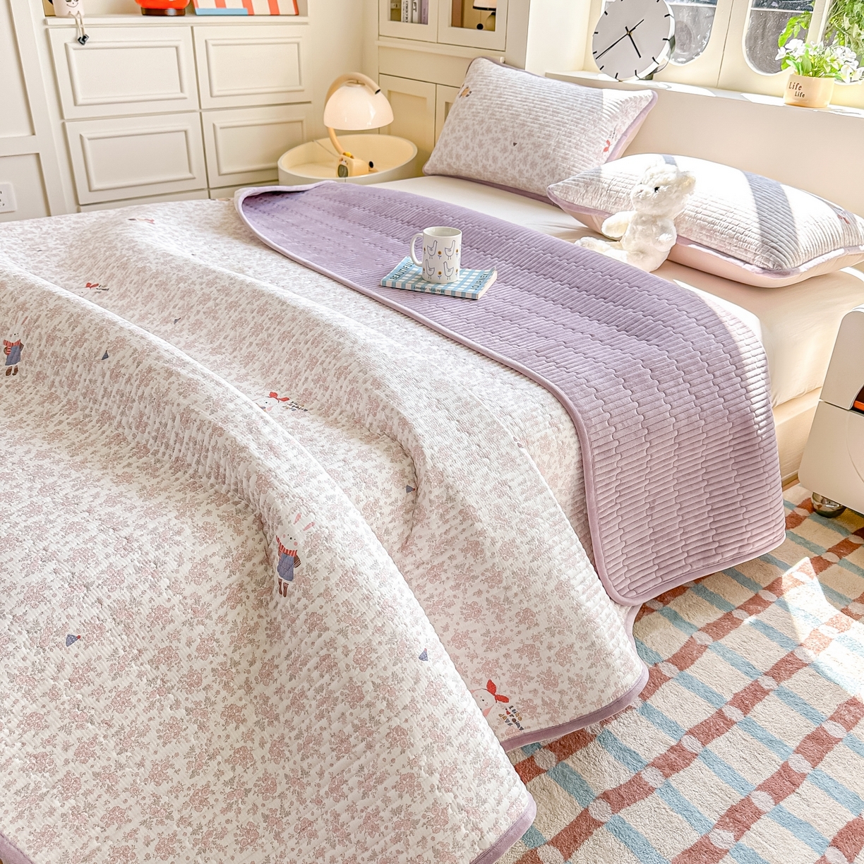 91家纺网 家纺一手货源 找家纺 （总）橘夏家纺 2025新款A全棉B宝宝绒版双面多功能夹棉加厚床盖炕盖三件套学生婴儿床垫盖毯褥子四季通用（含买家秀）