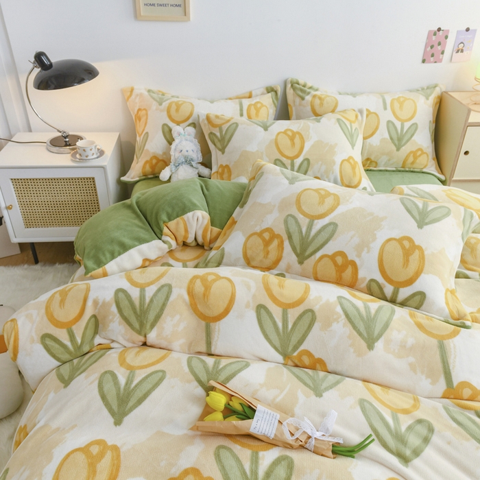 91家纺网 家纺一手货源 找家纺 金盛纺 2025新款高克重牛奶绒印花系列四件套(可定制) 郁金香