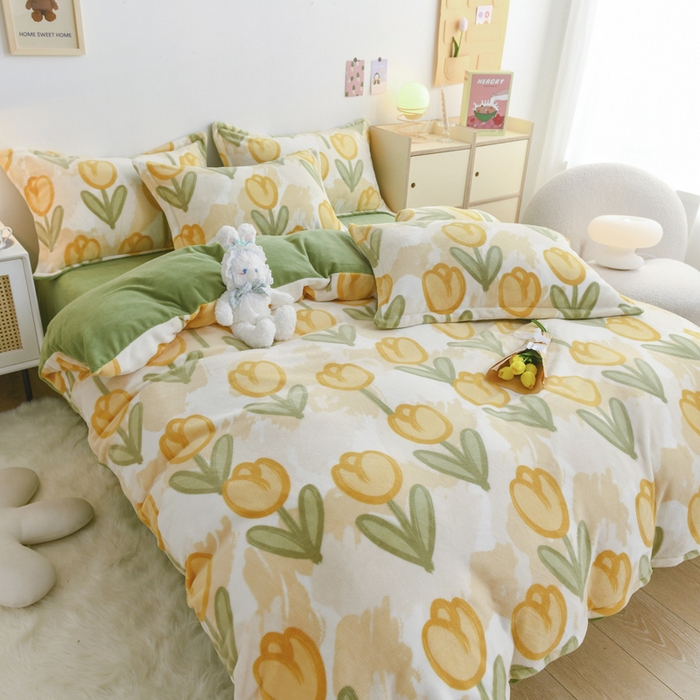 91家纺网 家纺一手货源 找家纺 金盛纺 2025新款高克重牛奶绒印花系列四件套(可定制) 郁金香