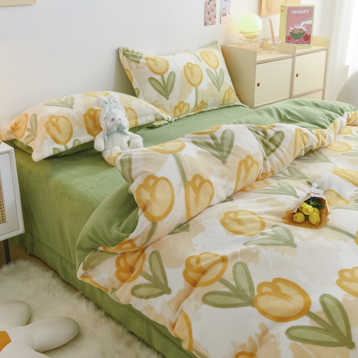 91家纺网 家纺一手货源 找家纺 金盛纺 2025新款高克重牛奶绒印花系列四件套(可定制) 郁金香