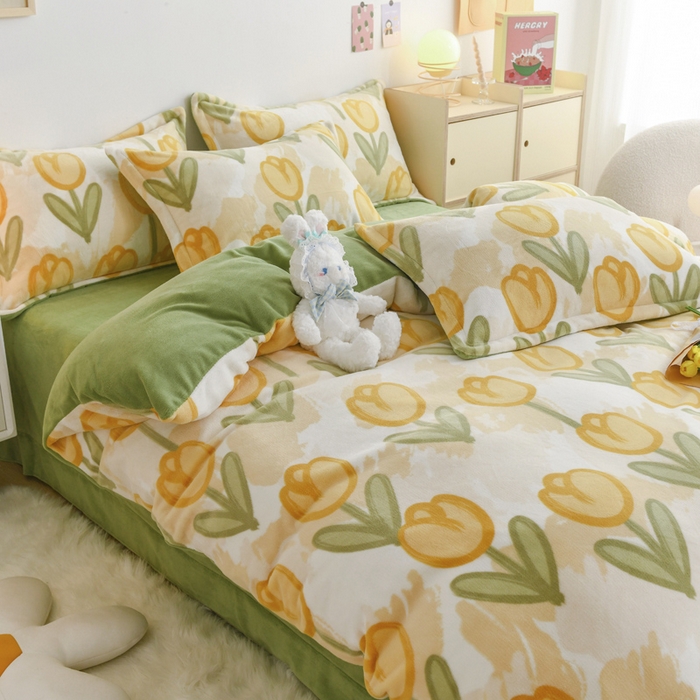 91家纺网 家纺一手货源 找家纺 金盛纺 2025新款高克重牛奶绒印花系列四件套(可定制) 郁金香