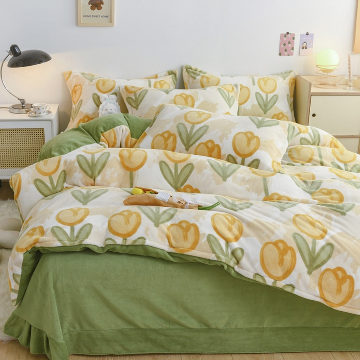 91家纺网 家纺一手货源 找家纺 金盛纺 2025新款高克重牛奶绒印花系列四件套(可定制) 郁金香