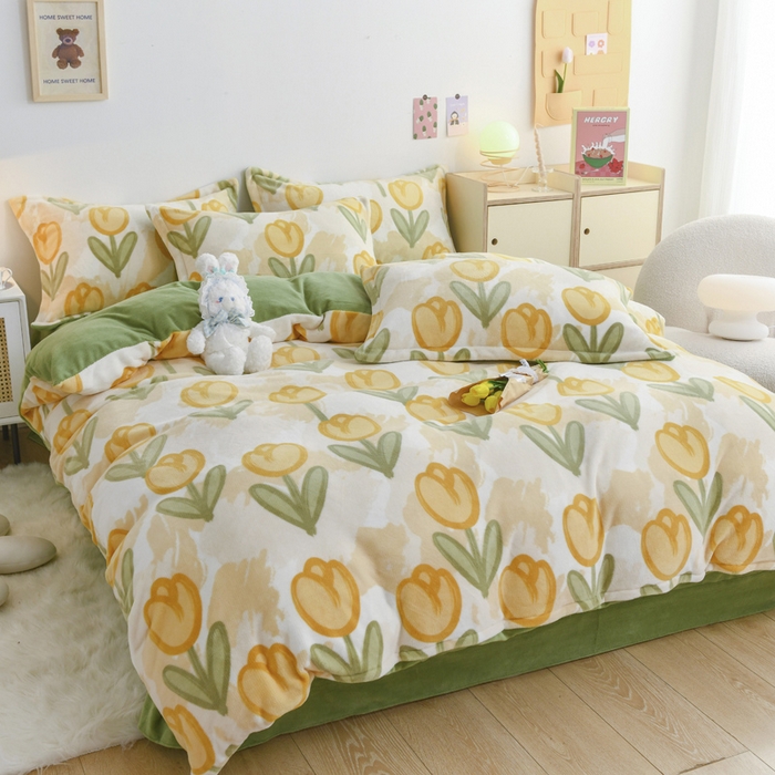 91家纺网 家纺一手货源 找家纺 金盛纺 2025新款高克重牛奶绒印花系列四件套(可定制) 郁金香