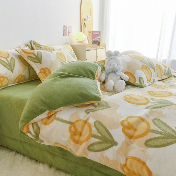 91家纺网 家纺一手货源 找家纺 金盛纺 2025新款高克重牛奶绒印花系列四件套(可定制) 郁金香