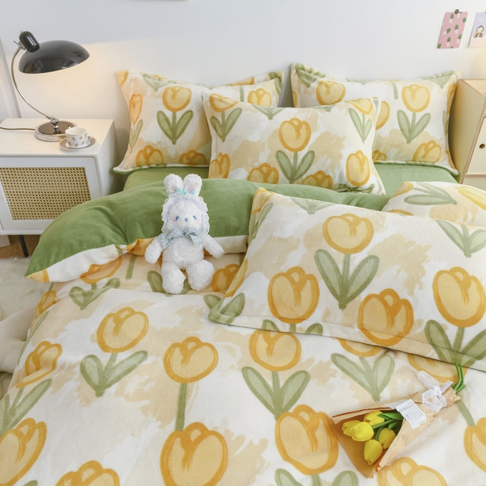 91家纺网 家纺一手货源 找家纺 金盛纺 2025新款高克重牛奶绒印花系列四件套(可定制) 郁金香