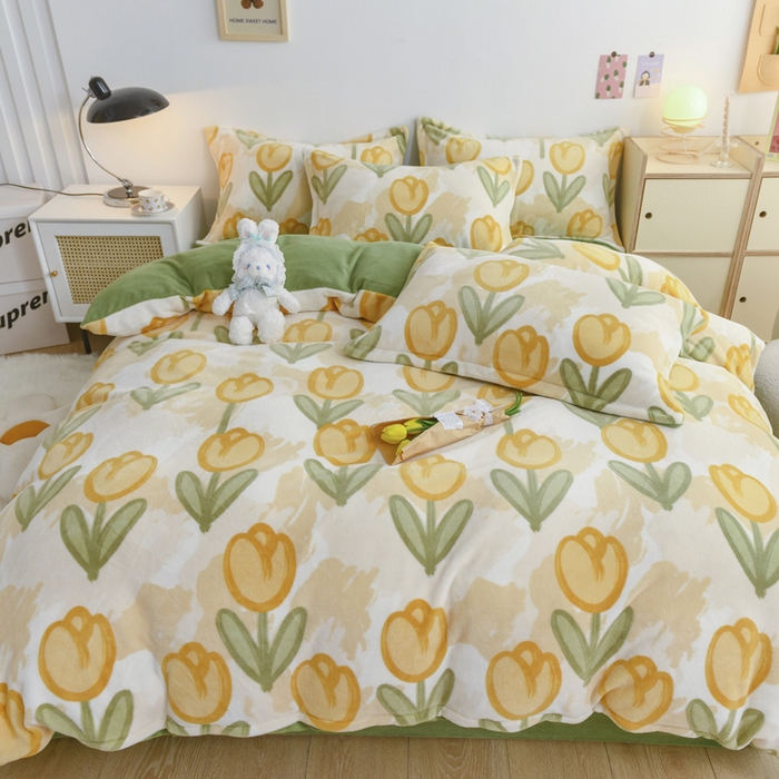 91家纺网 家纺一手货源 找家纺 金盛纺 2025新款高克重牛奶绒印花系列四件套(可定制) 郁金香