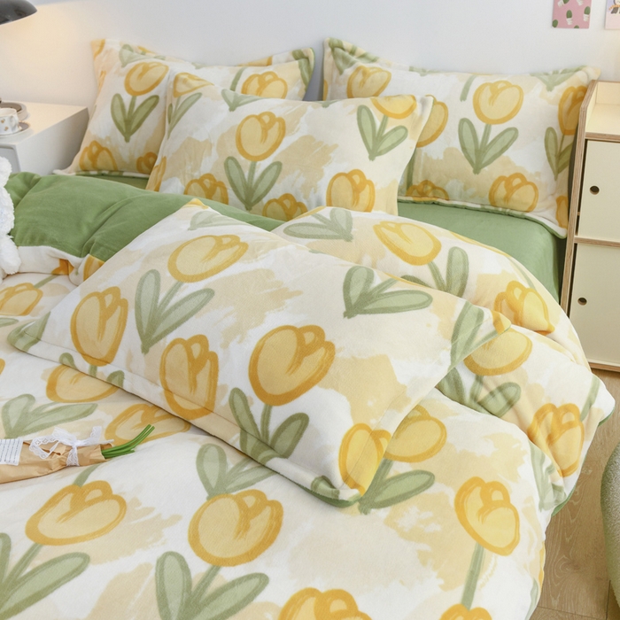 91家纺网 家纺一手货源 找家纺 金盛纺 2025新款高克重牛奶绒印花系列四件套(可定制) 郁金香