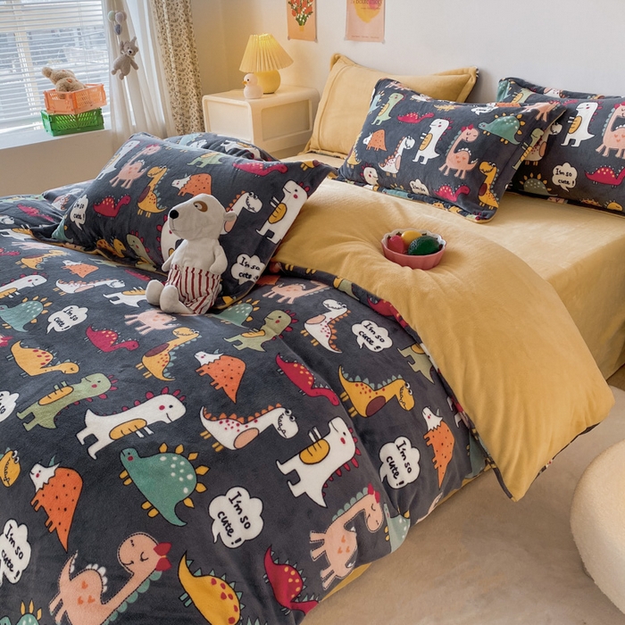 91家纺网 家纺一手货源 找家纺 金盛纺 2025新款高克重牛奶绒印花系列四件套(可定制) 恐龙王国