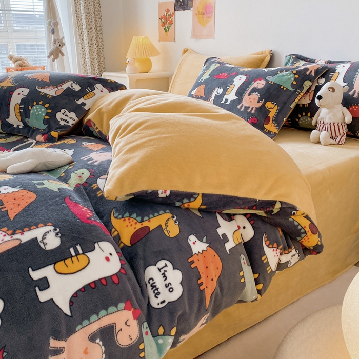 91家纺网 家纺一手货源 找家纺 金盛纺 2025新款高克重牛奶绒印花系列四件套(可定制) 恐龙王国