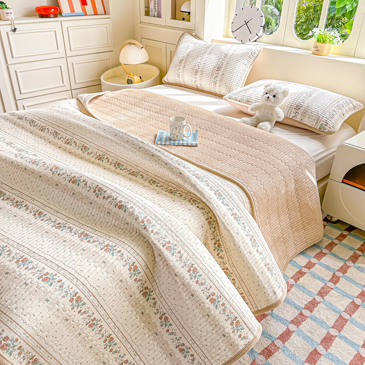 91家纺网 家纺一手货源 找家纺 橘夏家纺 2025新款A全棉B宝宝绒版双面多功能夹棉加厚床盖炕盖三件套学生婴儿床垫盖毯褥子四季通用（含买家秀） 秋日玫瑰