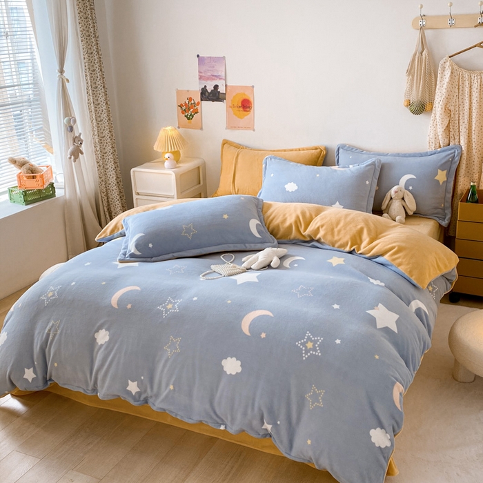 91家纺网 家纺一手货源 找家纺 金盛纺 2025新款高克重牛奶绒印花系列四件套(可定制) 梦幻星空（蓝）