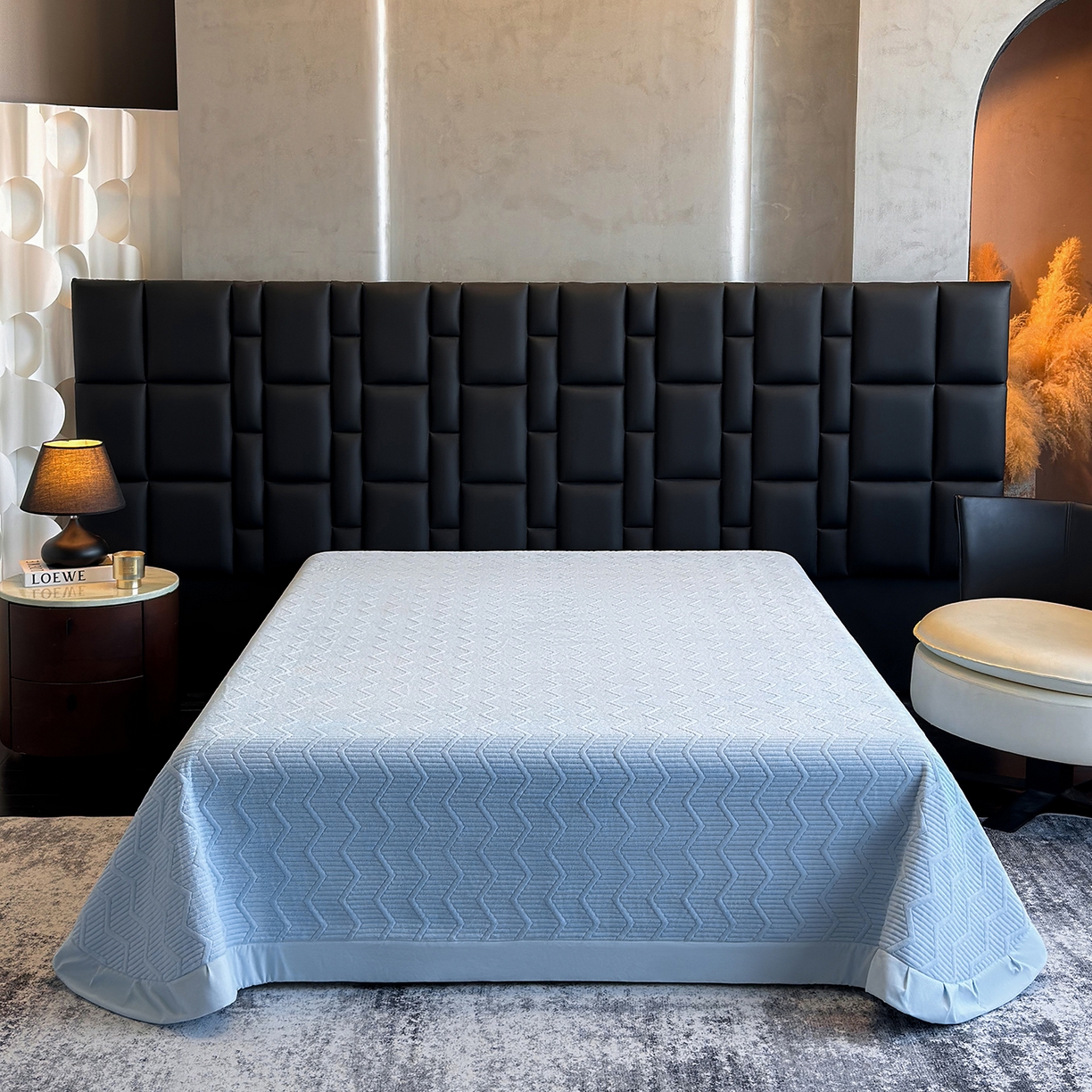 91家纺网 家纺一手货源 找家纺 新方向 2025新款240克全消光A类数码印花牛奶绒四件套床盖款-情怀 情怀-星月蓝