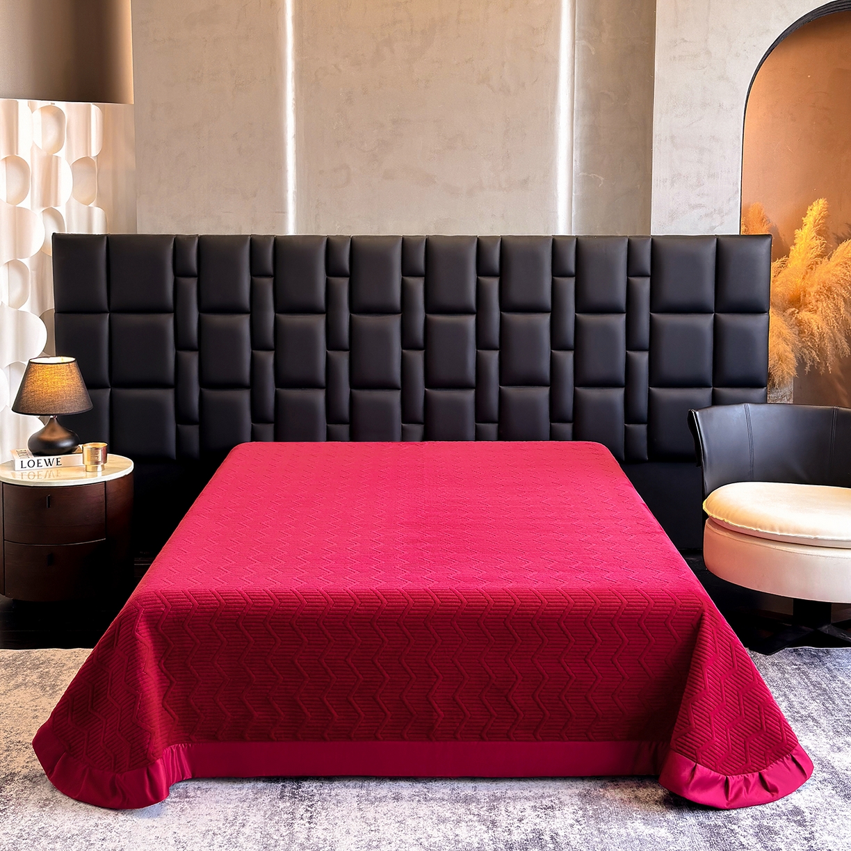 91家纺网 家纺一手货源 找家纺 新方向 2025新款240克全消光A类数码印花牛奶绒四件套床盖款-情怀 情怀-洋酒红