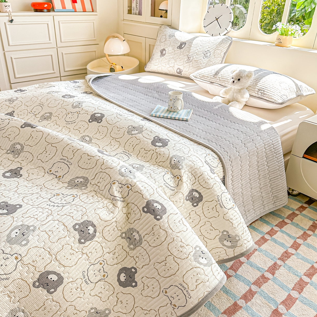 91家纺网 家纺一手货源 找家纺 橘夏家纺 2025新款A全棉B宝宝绒版双面多功能夹棉加厚床盖炕盖三件套学生婴儿床垫盖毯褥子四季通用（含买家秀） 影子熊