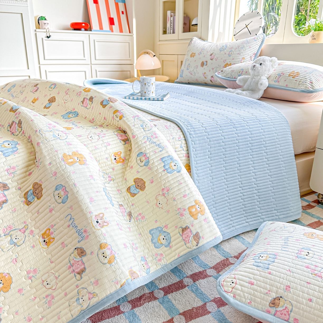 91家纺网 家纺一手货源 找家纺 橘夏家纺 2025新款A全棉B宝宝绒版双面多功能夹棉加厚床盖炕盖三件套学生婴儿床垫盖毯褥子四季通用（含买家秀） 狗狗家族