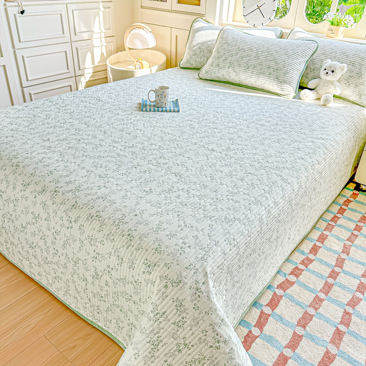 91家纺网 家纺一手货源 找家纺 橘夏家纺 2025新款A全棉B宝宝绒版双面多功能夹棉加厚床盖炕盖三件套学生婴儿床垫盖毯褥子四季通用（含买家秀） 春风里绿