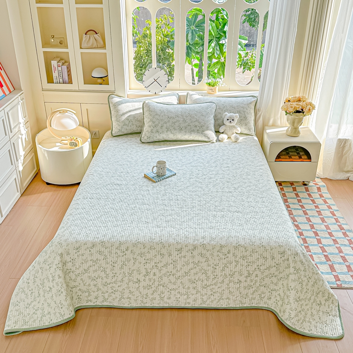 91家纺网 家纺一手货源 找家纺 橘夏家纺 2025新款A全棉B宝宝绒版双面多功能夹棉加厚床盖炕盖三件套学生婴儿床垫盖毯褥子四季通用（含买家秀） 春风里绿