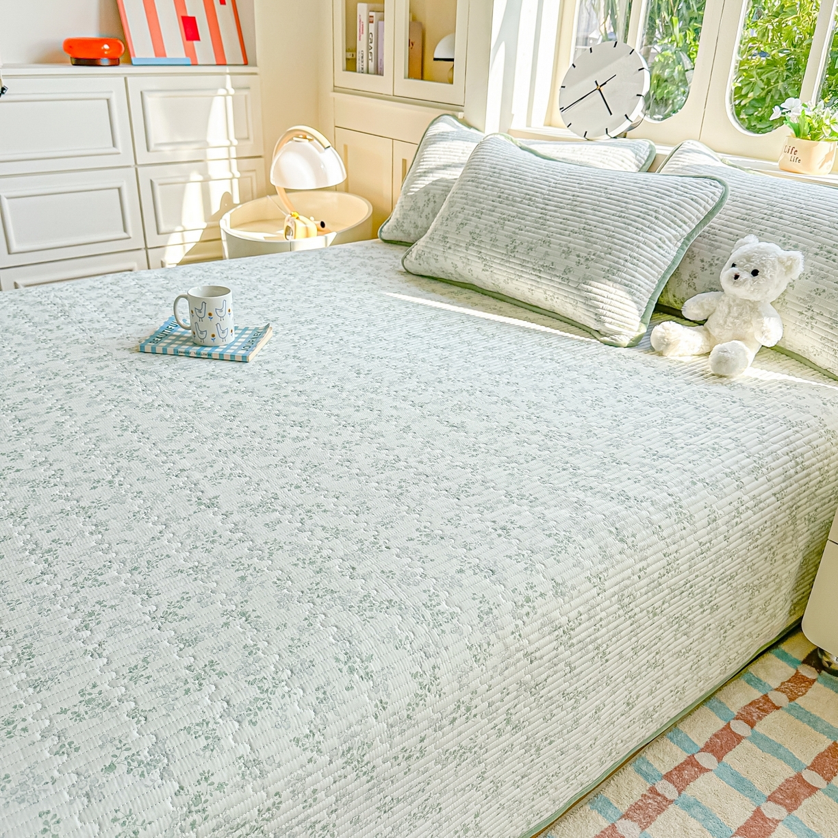 91家纺网 家纺一手货源 找家纺 橘夏家纺 2025新款A全棉B宝宝绒版双面多功能夹棉加厚床盖炕盖三件套学生婴儿床垫盖毯褥子四季通用（含买家秀） 春风里绿