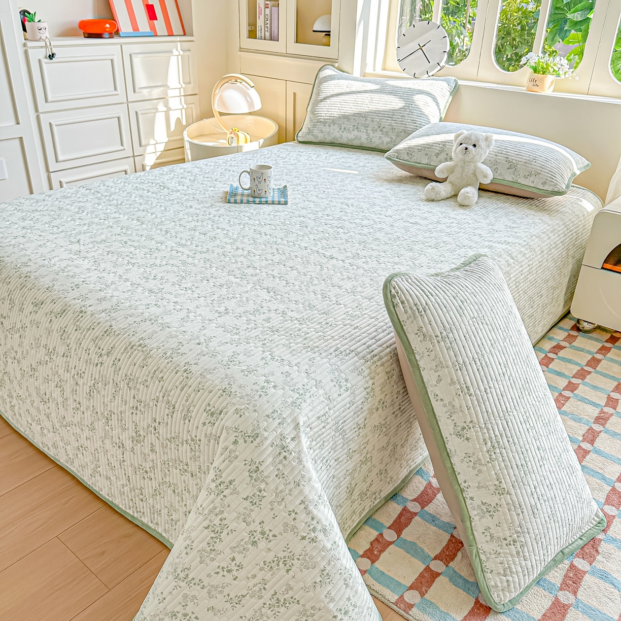 91家纺网 家纺一手货源 找家纺 橘夏家纺 2025新款A全棉B宝宝绒版双面多功能夹棉加厚床盖炕盖三件套学生婴儿床垫盖毯褥子四季通用（含买家秀） 春风里绿