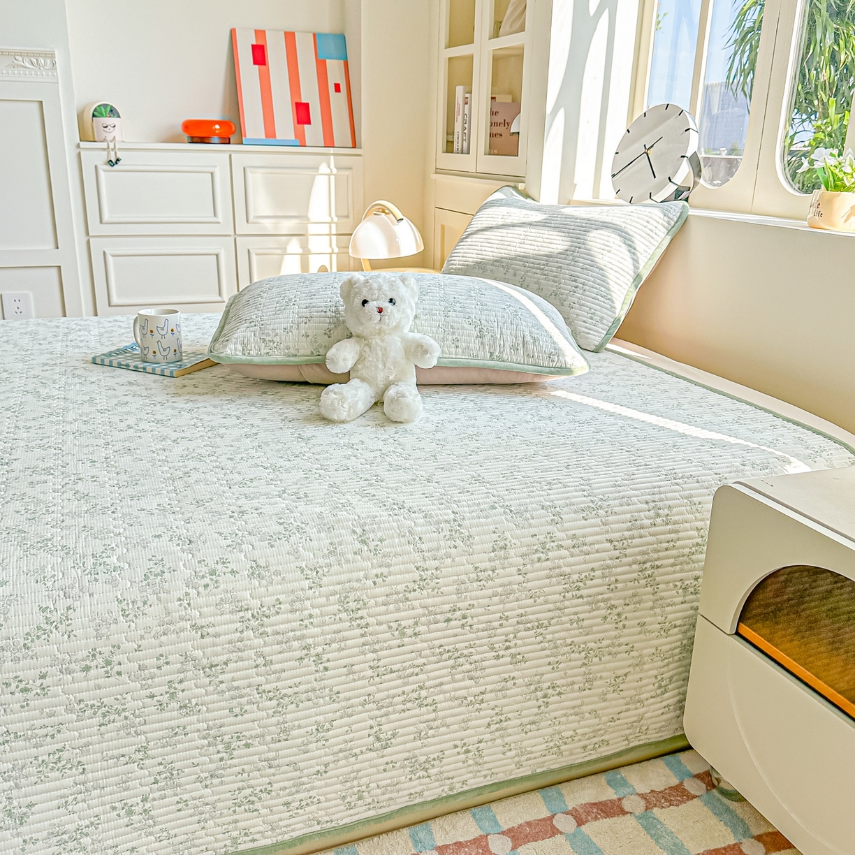 91家纺网 家纺一手货源 找家纺 橘夏家纺 2025新款A全棉B宝宝绒版双面多功能夹棉加厚床盖炕盖三件套学生婴儿床垫盖毯褥子四季通用（含买家秀） 春风里绿