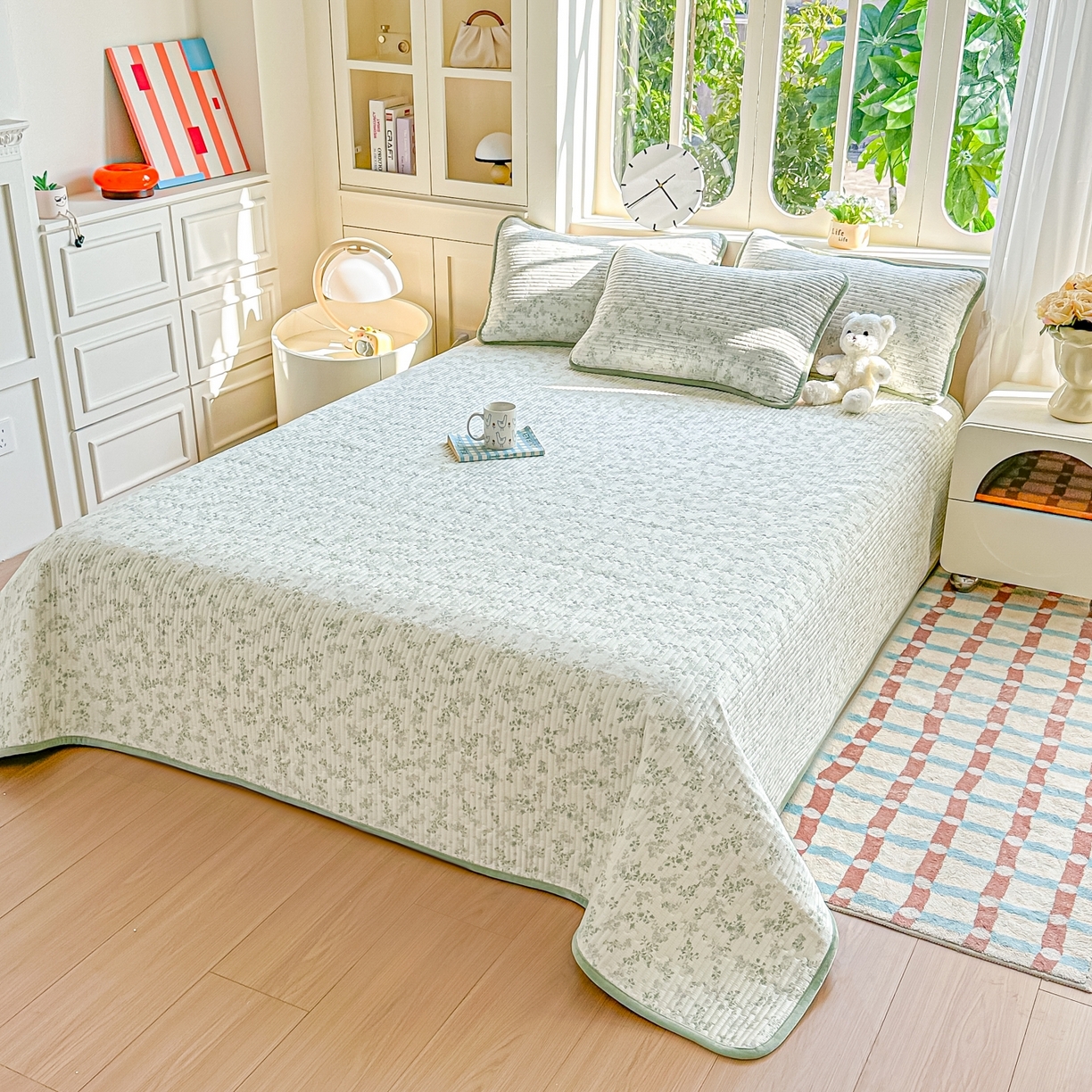 91家纺网 家纺一手货源 找家纺 橘夏家纺 2025新款A全棉B宝宝绒版双面多功能夹棉加厚床盖炕盖三件套学生婴儿床垫盖毯褥子四季通用（含买家秀） 春风里绿