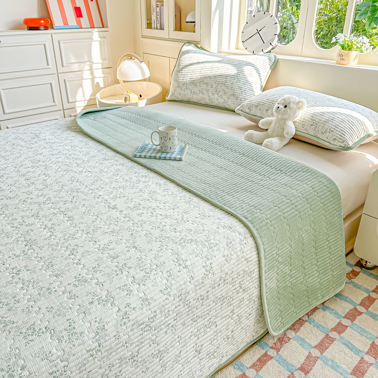 91家纺网 家纺一手货源 找家纺 橘夏家纺 2025新款A全棉B宝宝绒版双面多功能夹棉加厚床盖炕盖三件套学生婴儿床垫盖毯褥子四季通用（含买家秀） 春风里绿