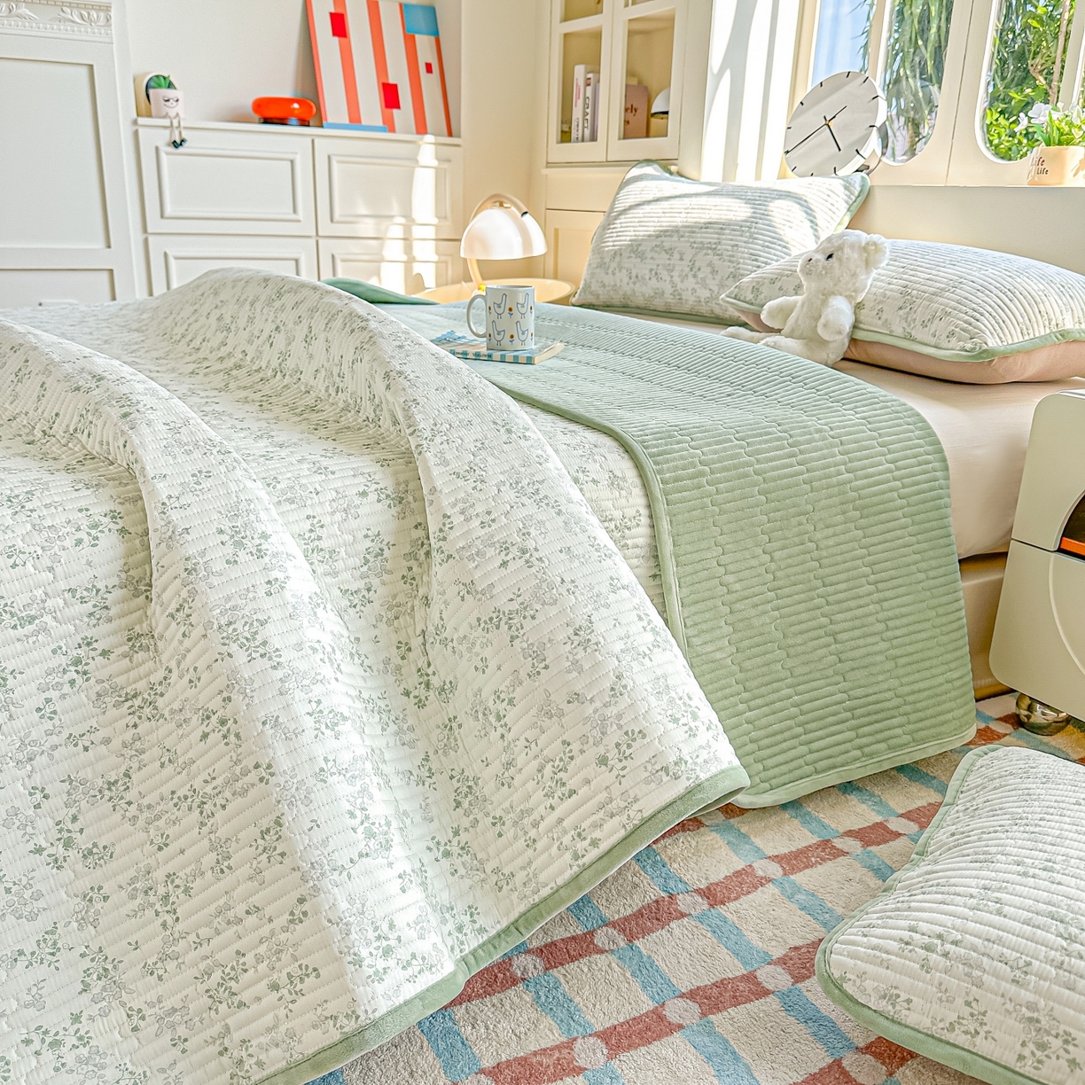 91家纺网 家纺一手货源 找家纺 橘夏家纺 2025新款A全棉B宝宝绒版双面多功能夹棉加厚床盖炕盖三件套学生婴儿床垫盖毯褥子四季通用（含买家秀） 春风里绿