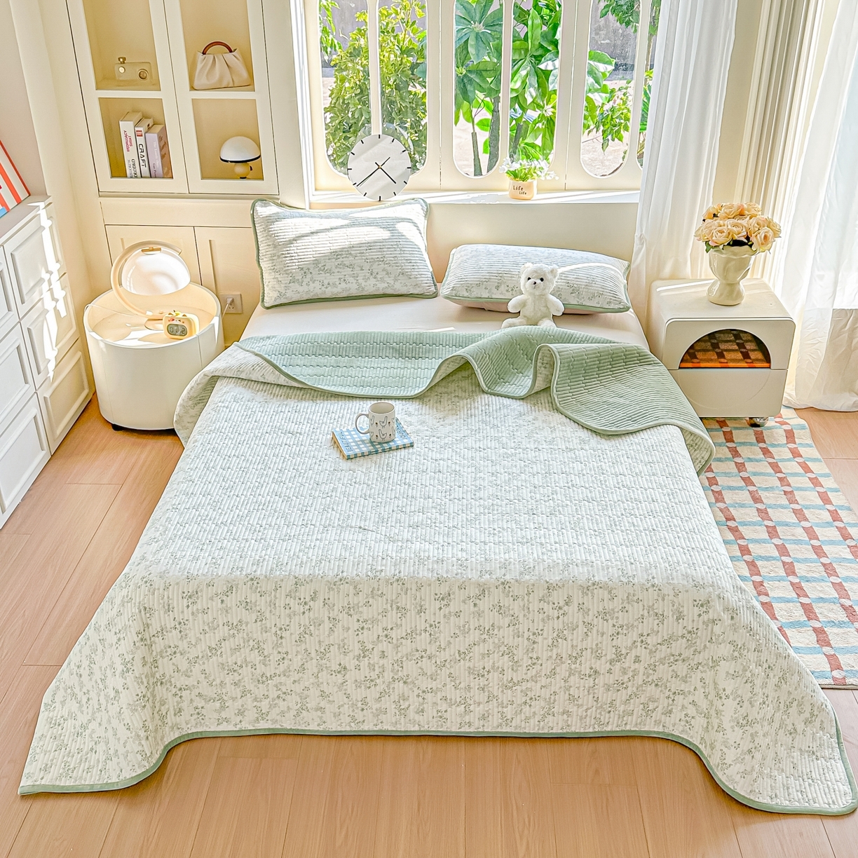 91家纺网 家纺一手货源 找家纺 橘夏家纺 2025新款A全棉B宝宝绒版双面多功能夹棉加厚床盖炕盖三件套学生婴儿床垫盖毯褥子四季通用（含买家秀） 春风里绿